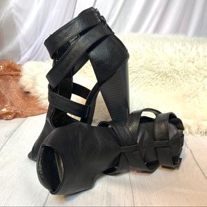 Bamboo Strappy Peep Toe Black Booties 7 1/2